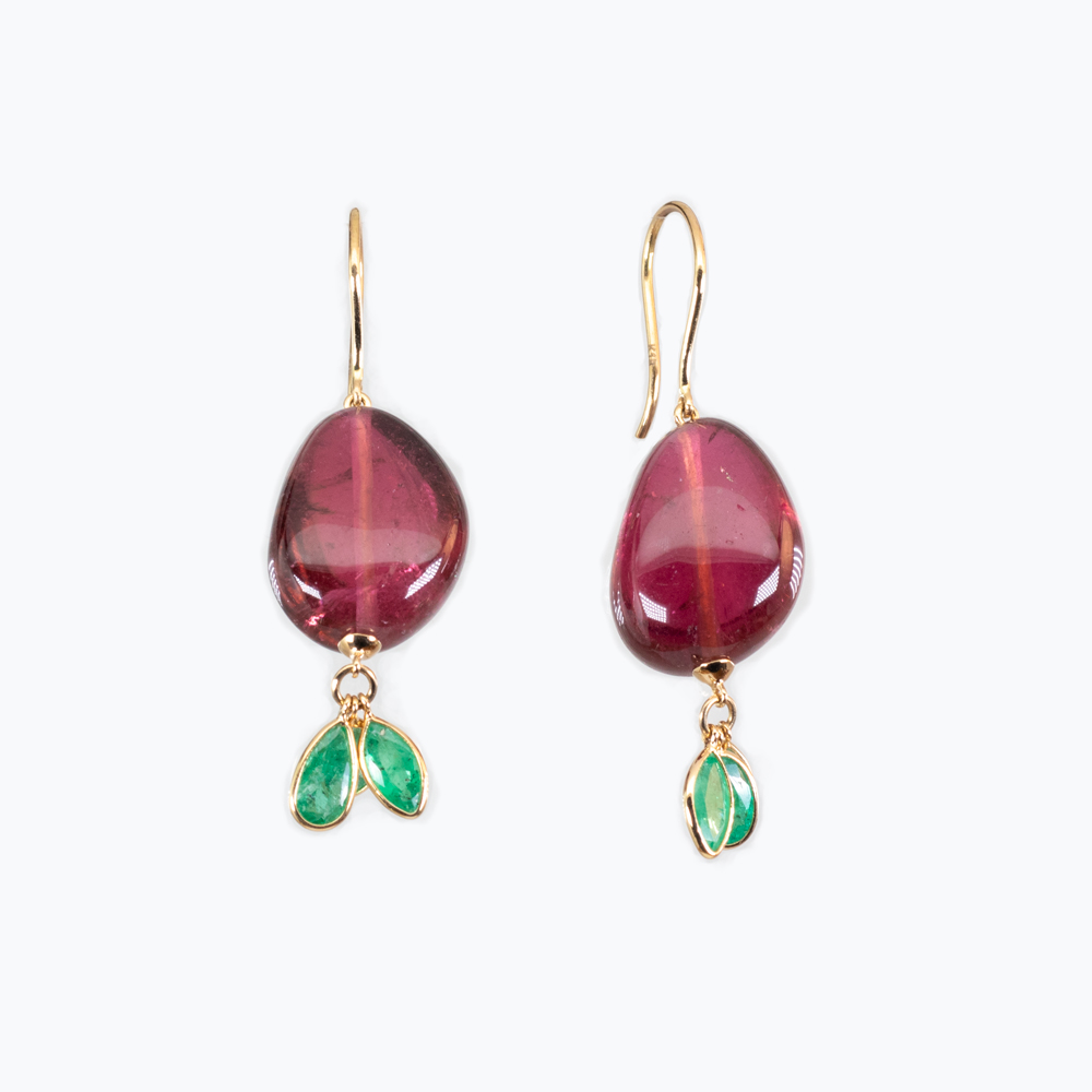 Pink Tourmaline and Emeralds Dangle Earrings