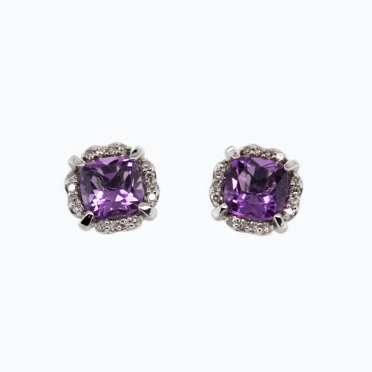 Natural Amethyst and Diamond Halo Stud Earrings, 14k White Gold