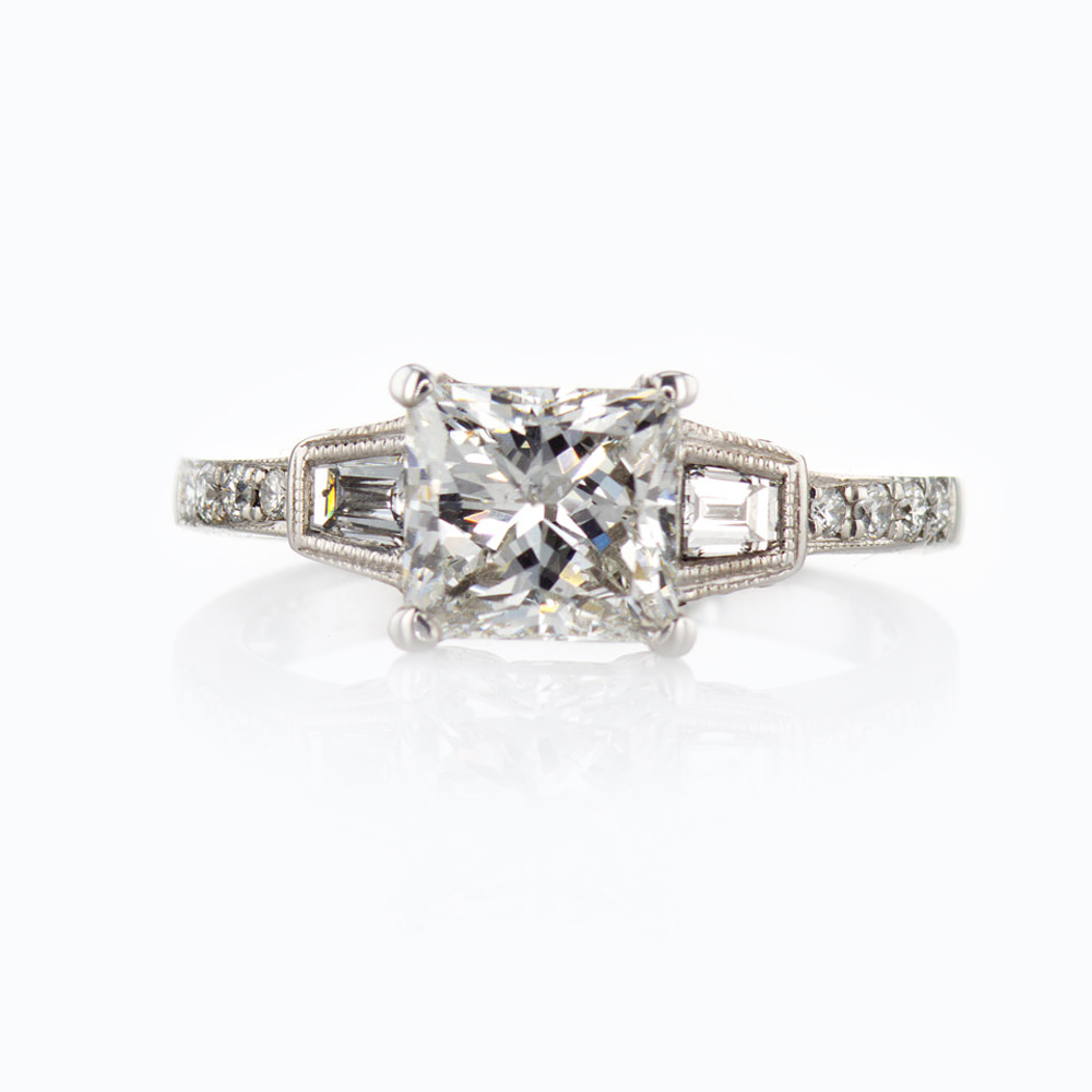 Baguette Diamond Accent Engagement Ring, 18k White Gold