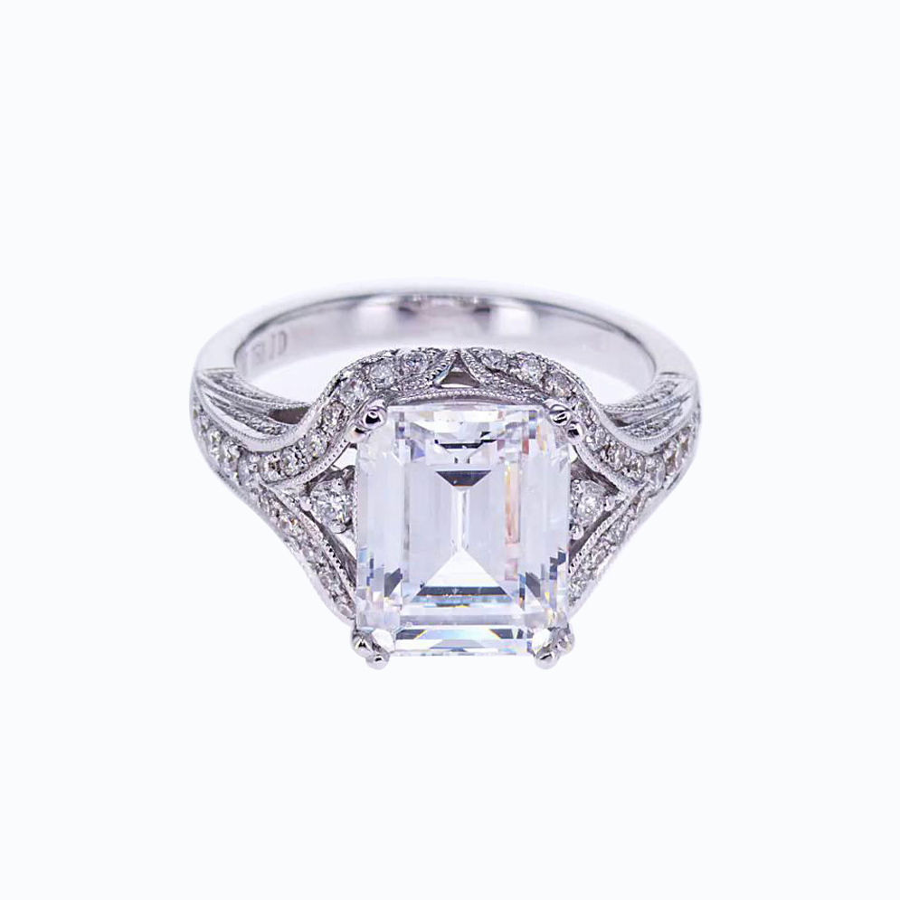 Emerald cut Diamond Engagement Ring, 18k White Gold (semi mount)
