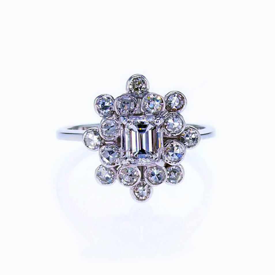 Floral Inspired Vintage Halo Diamond Ring, Retro Design