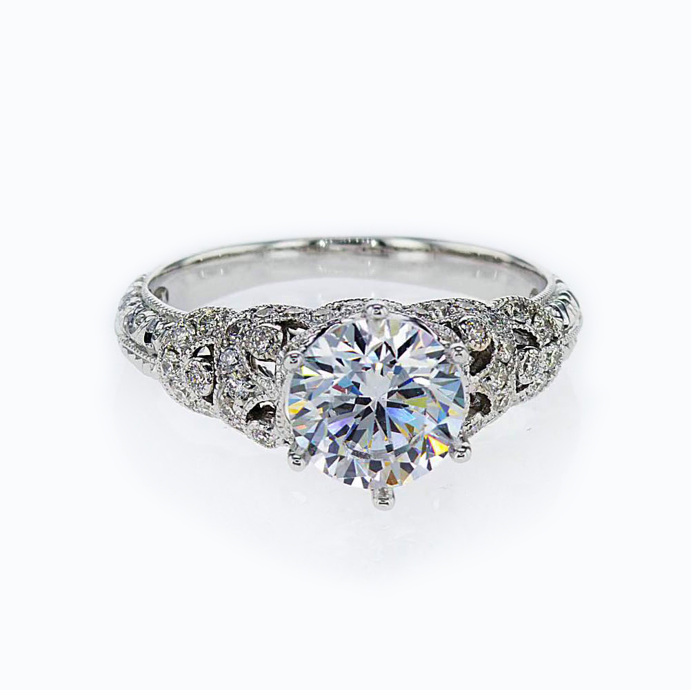 Hand-engraved Art Deco Engagement Ring, 18k White Gold(semi-mount)