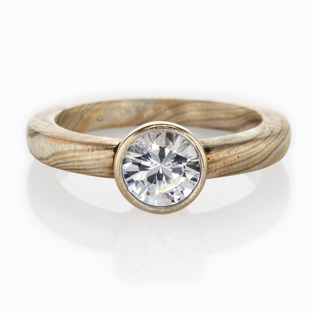Mokume Gane Solitaire Engagement Ring with White Sapphire