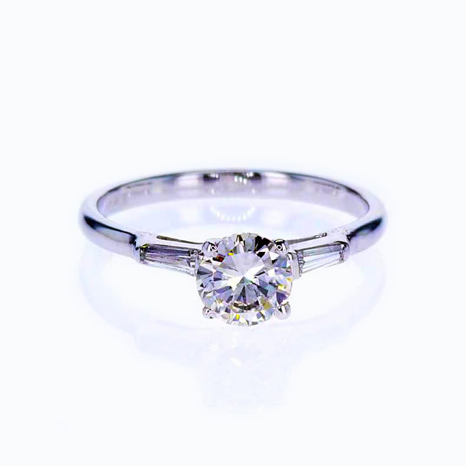 Vintage Baguette Diamond accented Engagement Ring (1950), 14k White Gold