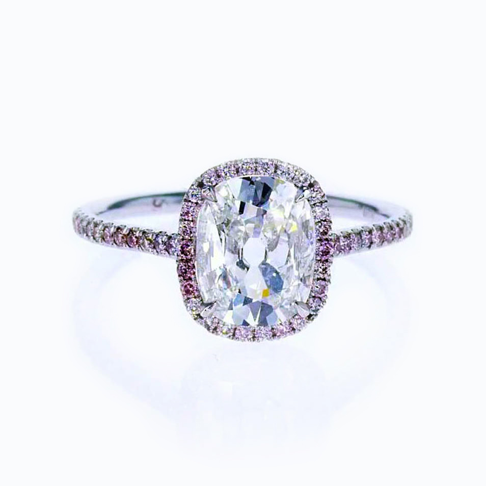 Vintage Cushion Cut Diamond Halo Engagement Ring, 18k White Gold