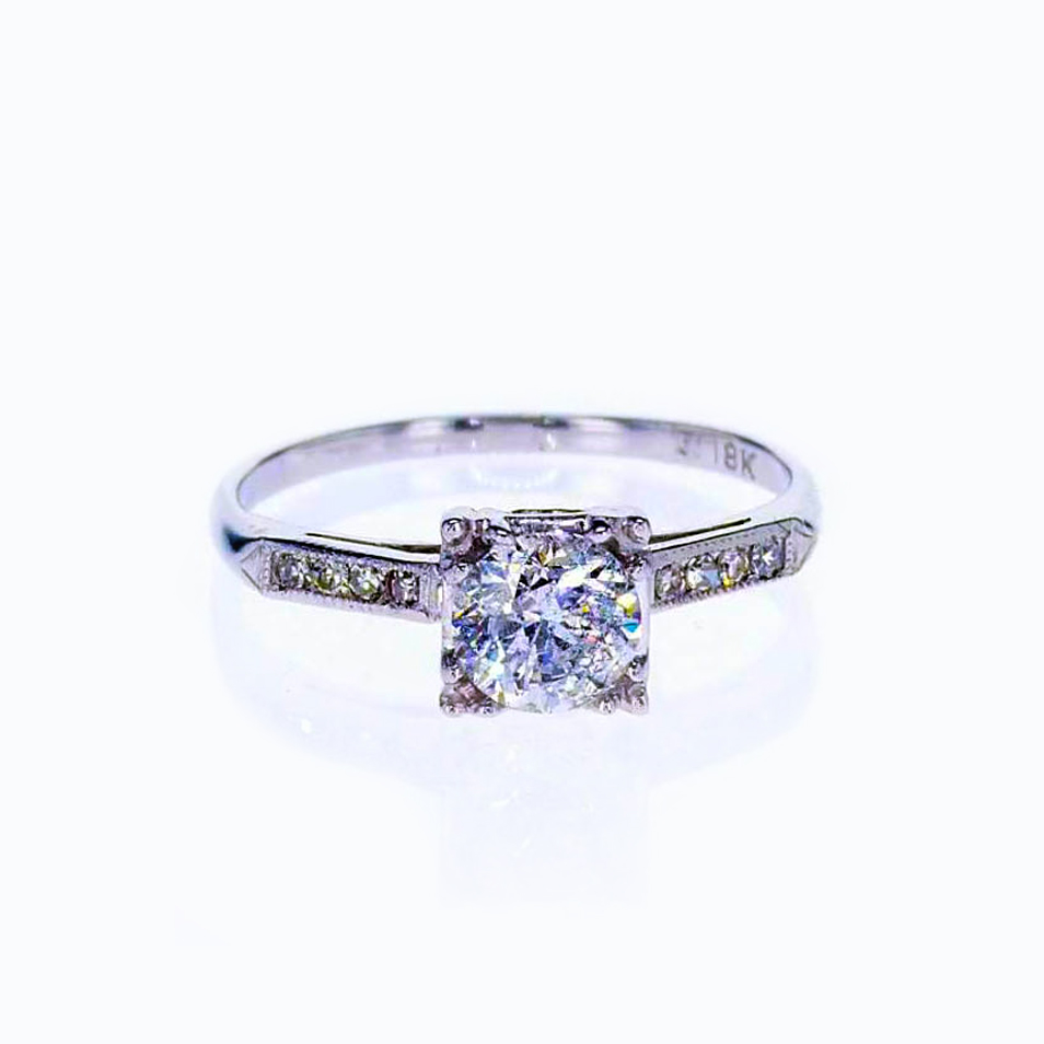 Vintage Diamond Accented Cathedral Engagement Ring, 18k White Gold