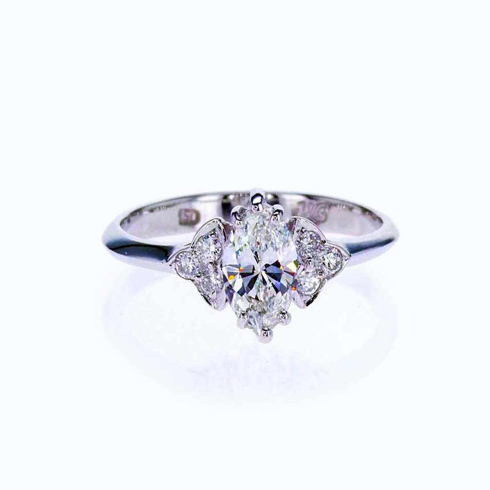 Vintage Marquise Diamond Engagement Ring, 18k White Gold