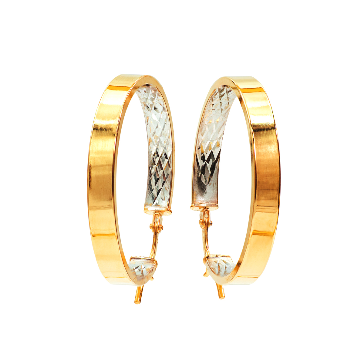 Two Tone Sculpted Box Hoop Earrings in 14k Yellow Gold