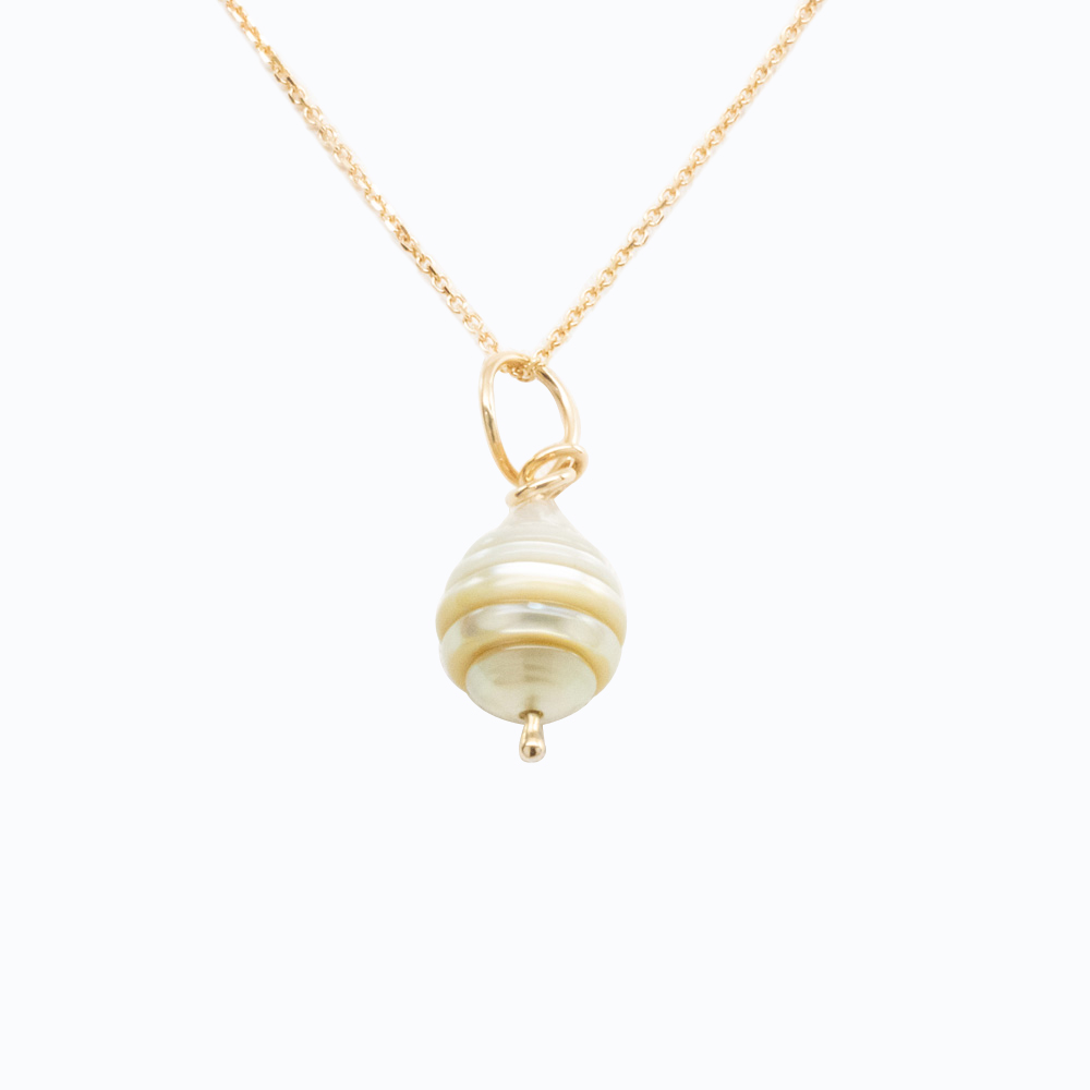 Beehive Shaped Hand carved Pearl Pendant, 14k Yellow Gold.