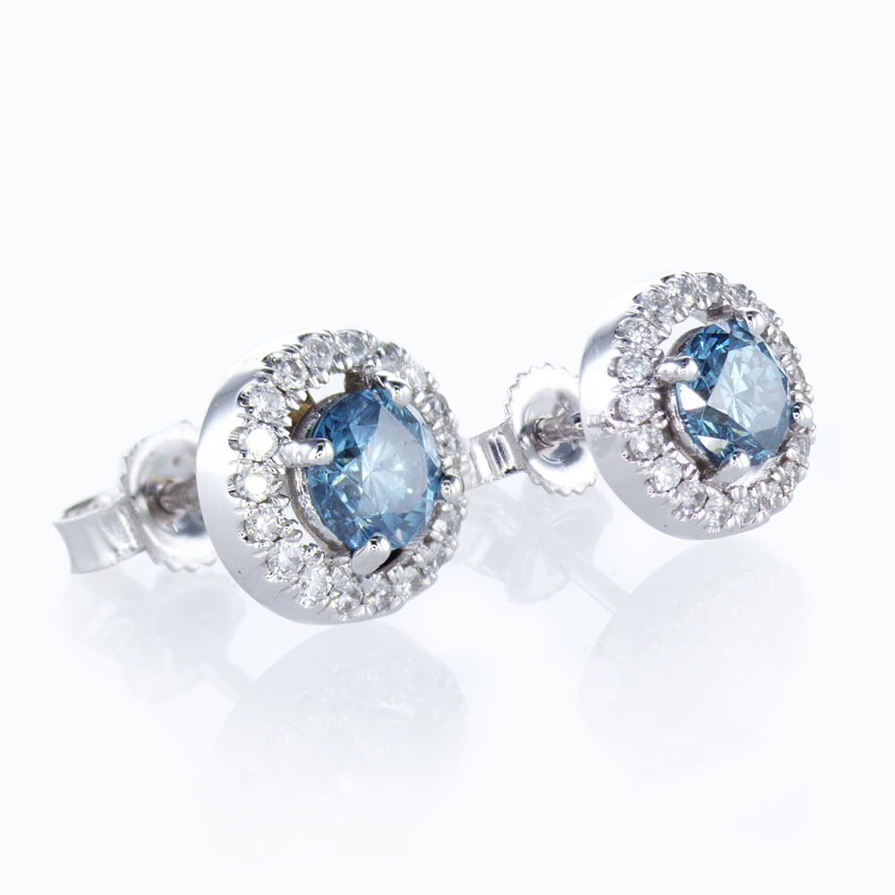 Blue Diamond Halo Earrings, 18k White Gold