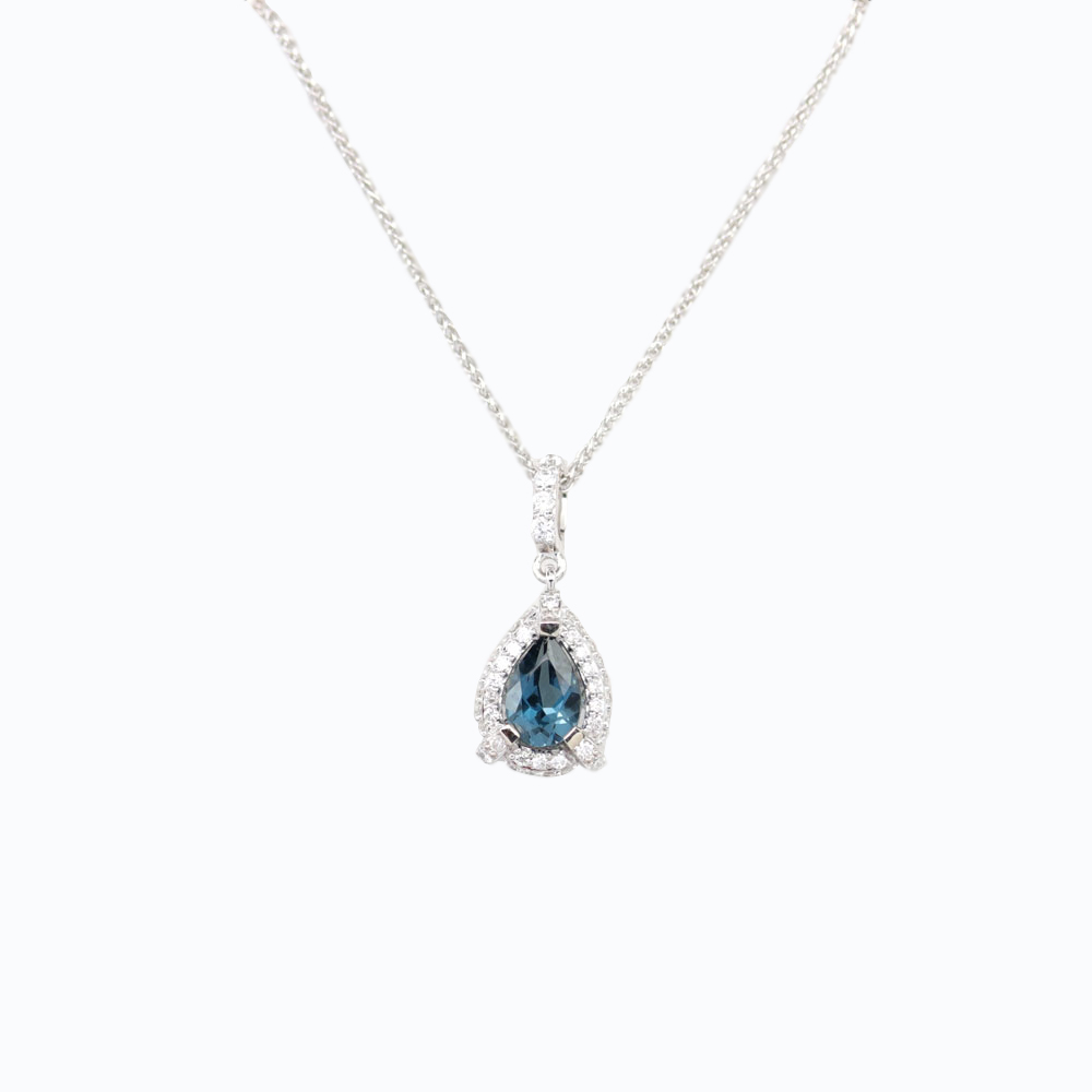 Diamond Pendant with London Blue Topaz with chain, 14K White Gold
