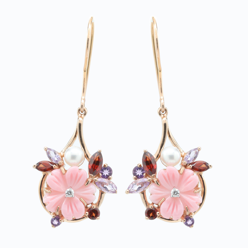 Floral Dangle Earrings with Gemstones, Pearl and Coral