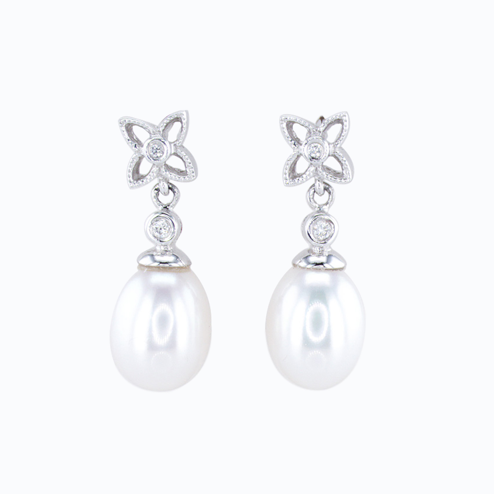 Floral Inspired Pearl Drop Earrings, Diamond Accented