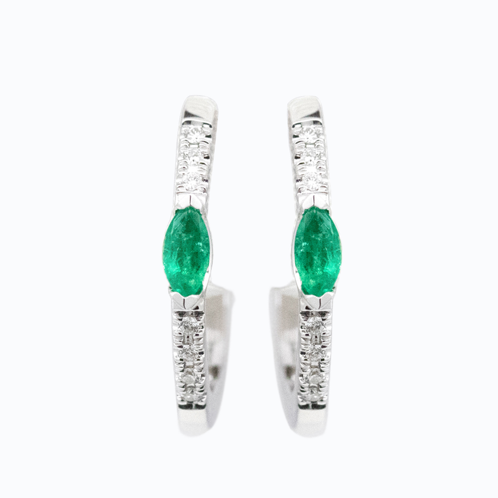 Marquise Emerald Hoop Earrings with Diamond Accents, 14k White Gold