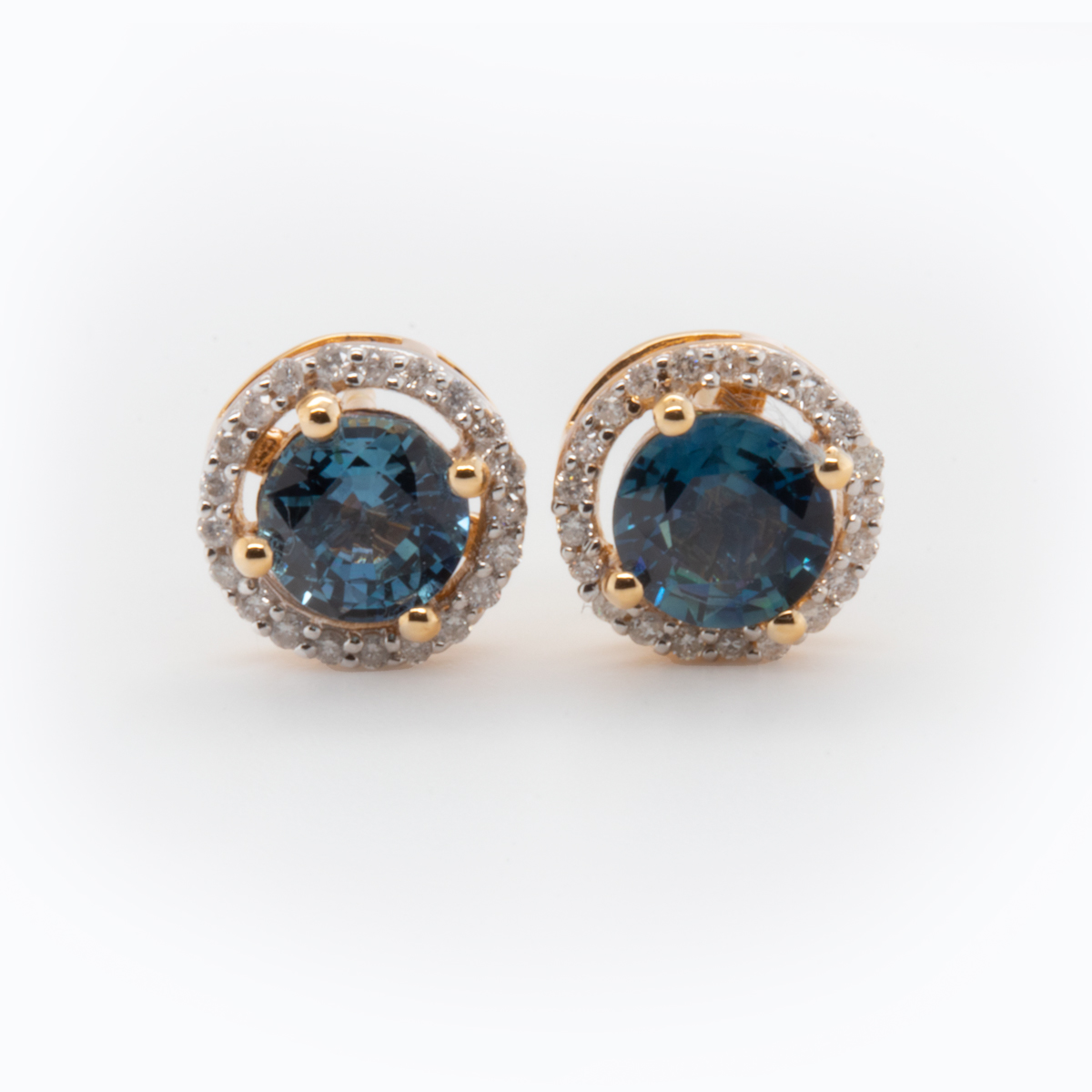 Natural Blue Sapphire and Diamond Halo Earrings, 14k Yellow Gold