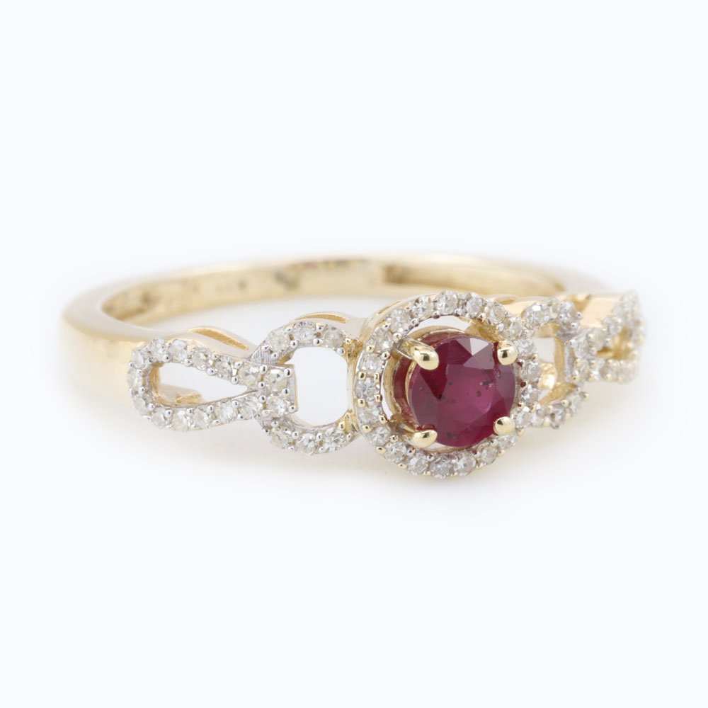 Ruby and Diamond Halo Engagement Ring, 18K Yellow Gold