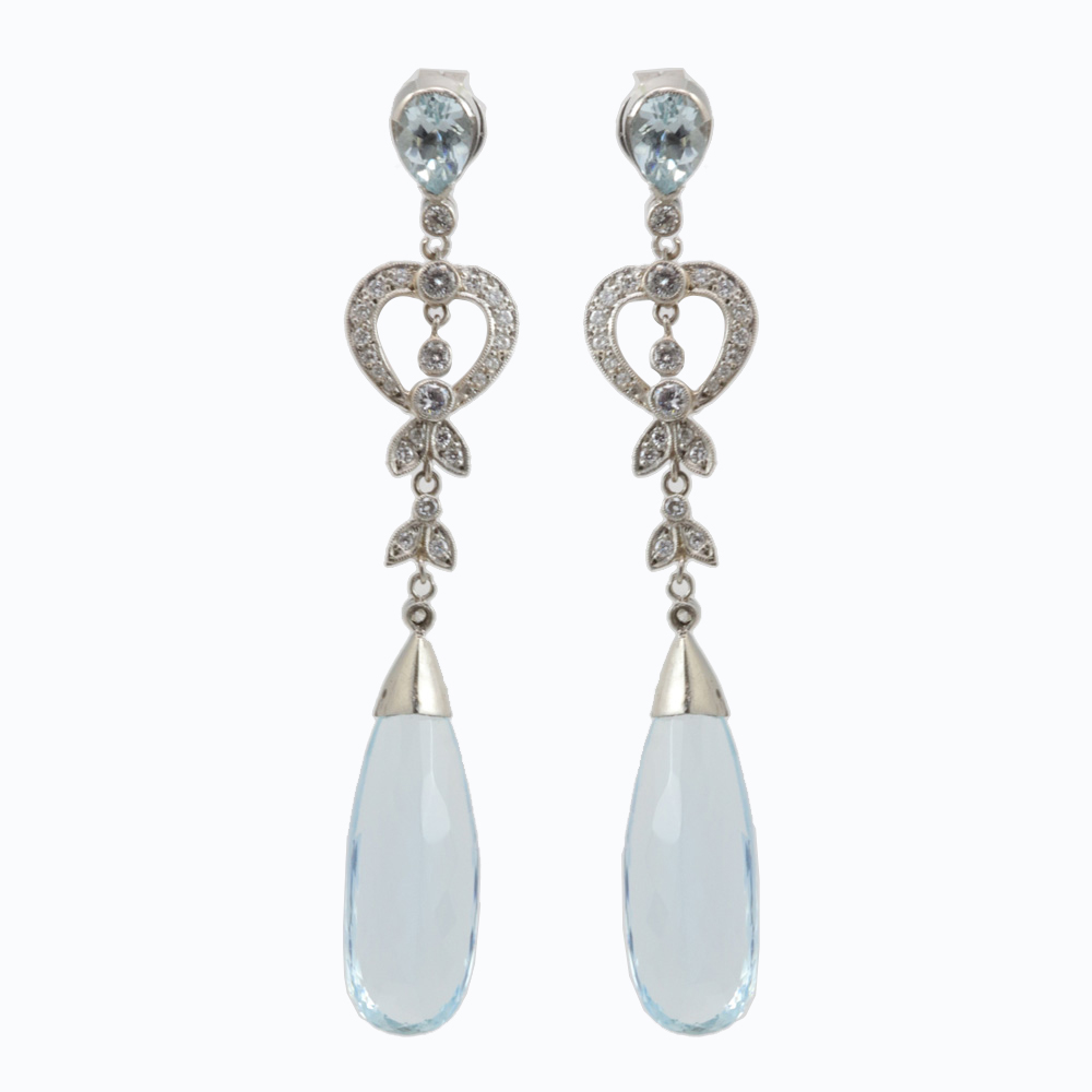 Vintage Aquamarine and Diamond Drop Earrings, Platinum
