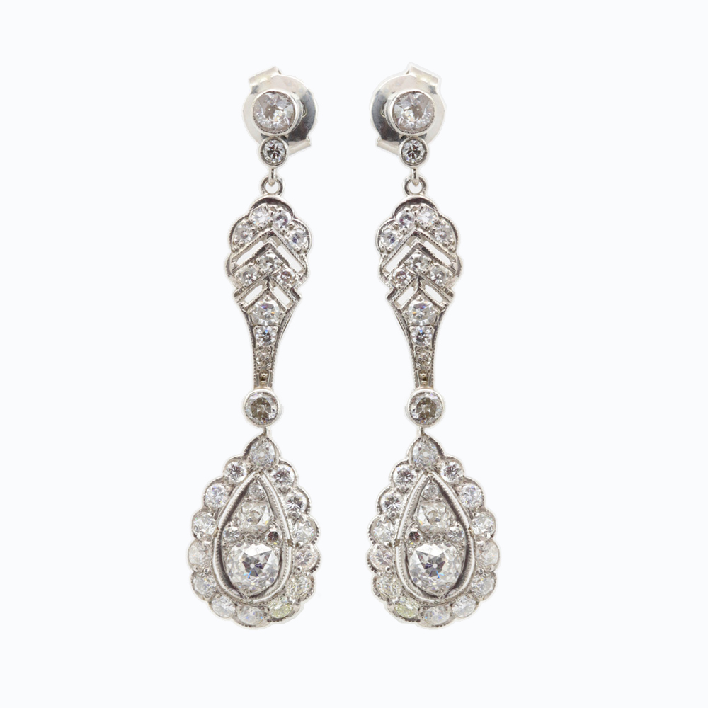 Vintage Diamond Drop Earrings, Platinum