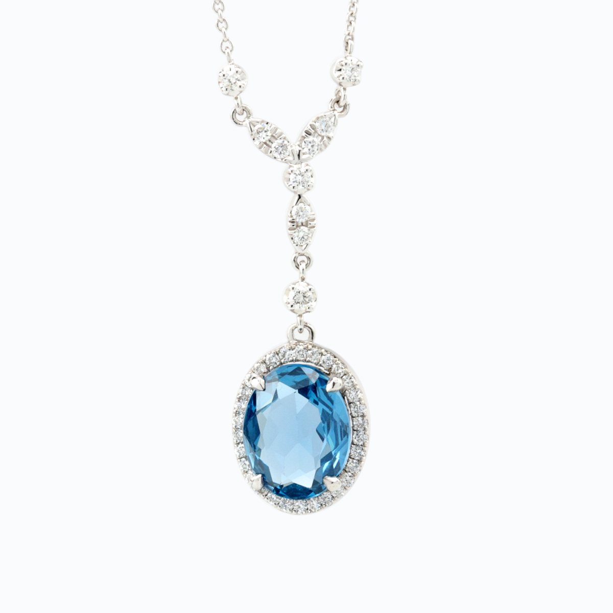 Oval Blue Sapphire and Diamond Halo Drop Pendant, 18K White Gold