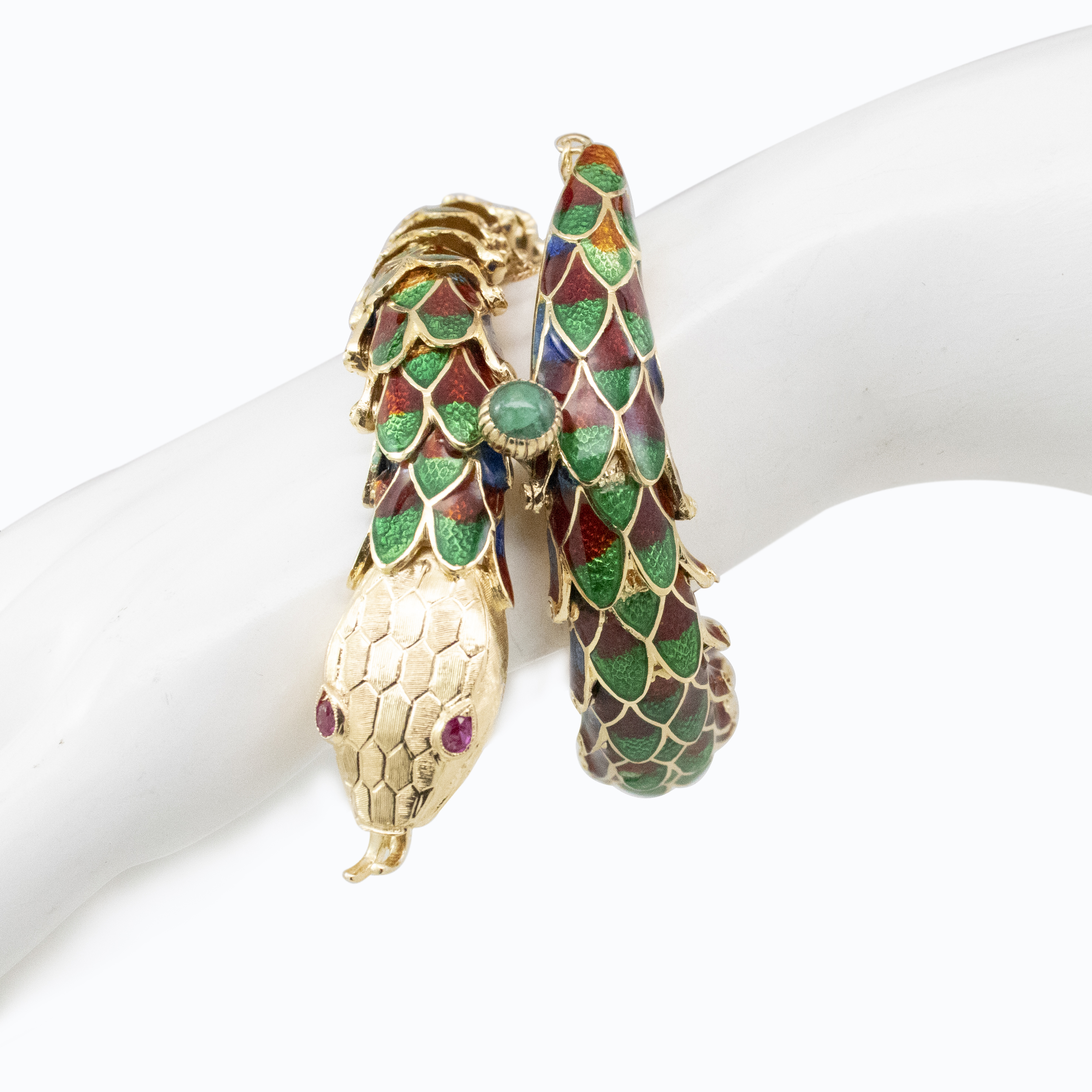 Vintage Inspired Enamel Snake Bracelet with Rubies, 18k Yellow Gold