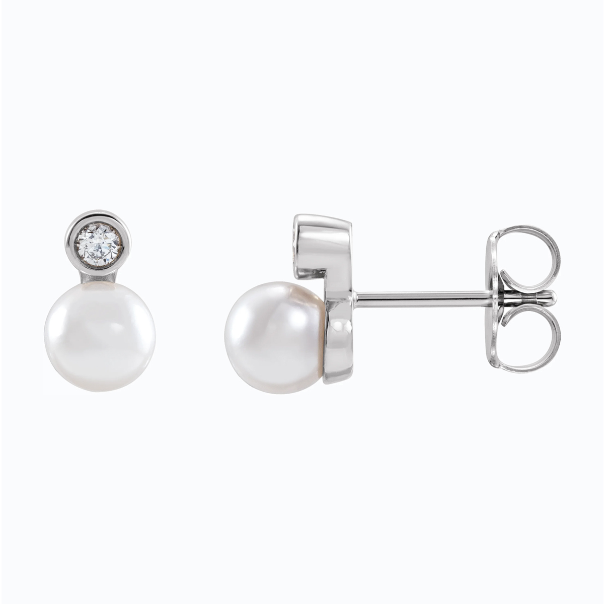 Natural Diamond Accented Cultured Akoya Pearl Stud Earring, 14k White Gold