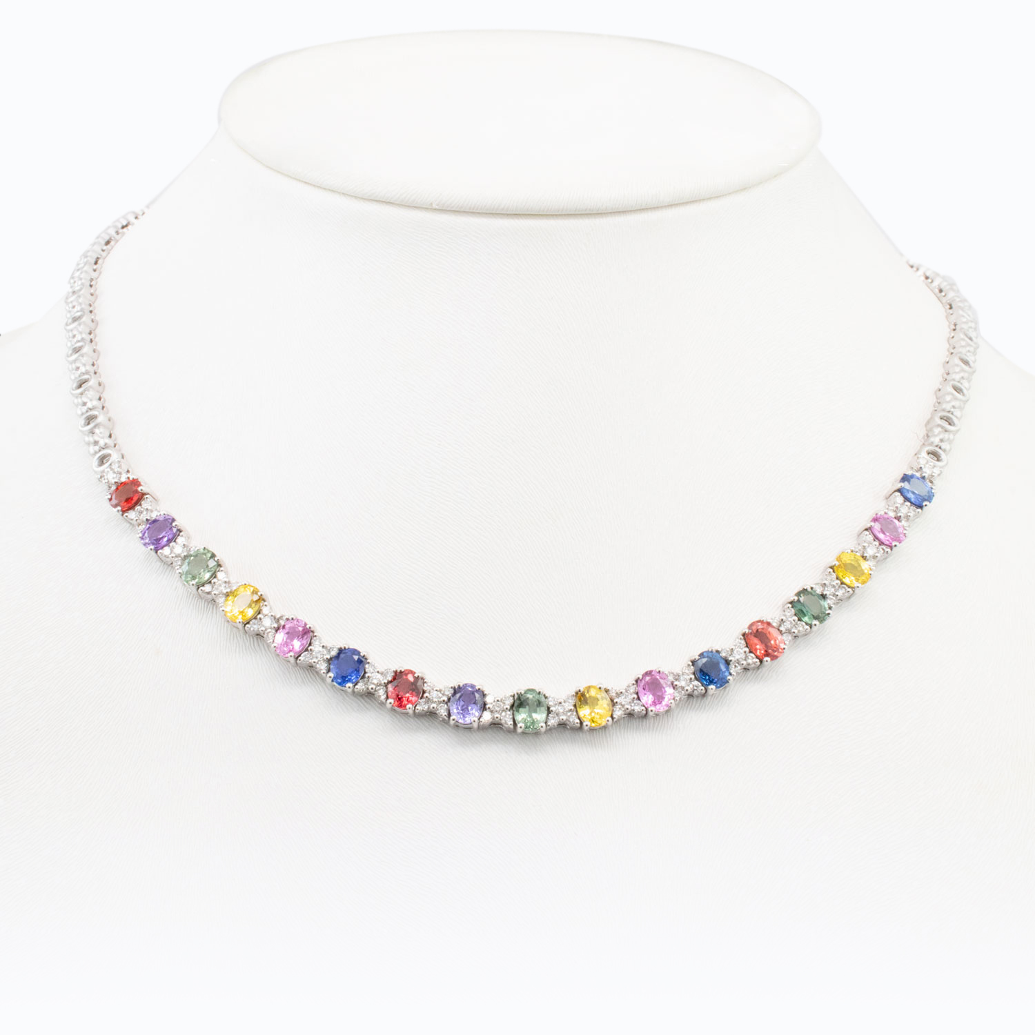 Hugs and Kisses Multicolored Sapphire and Diamond Necklace, 18k White Gold