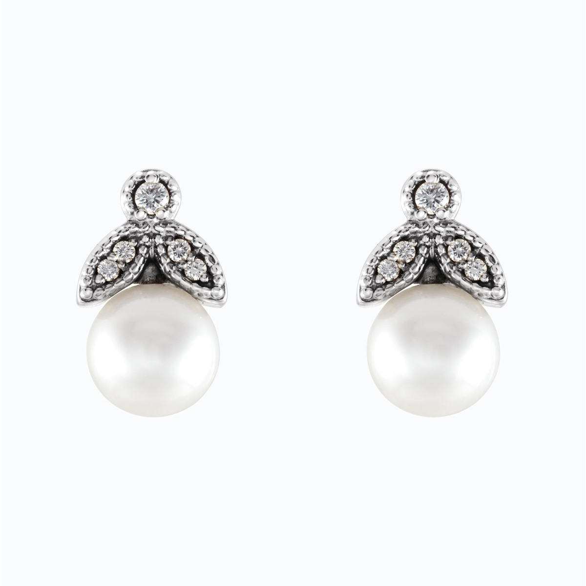 Pearl and Natural Diamond Leaf motif Drop Earring, 14k White Gold