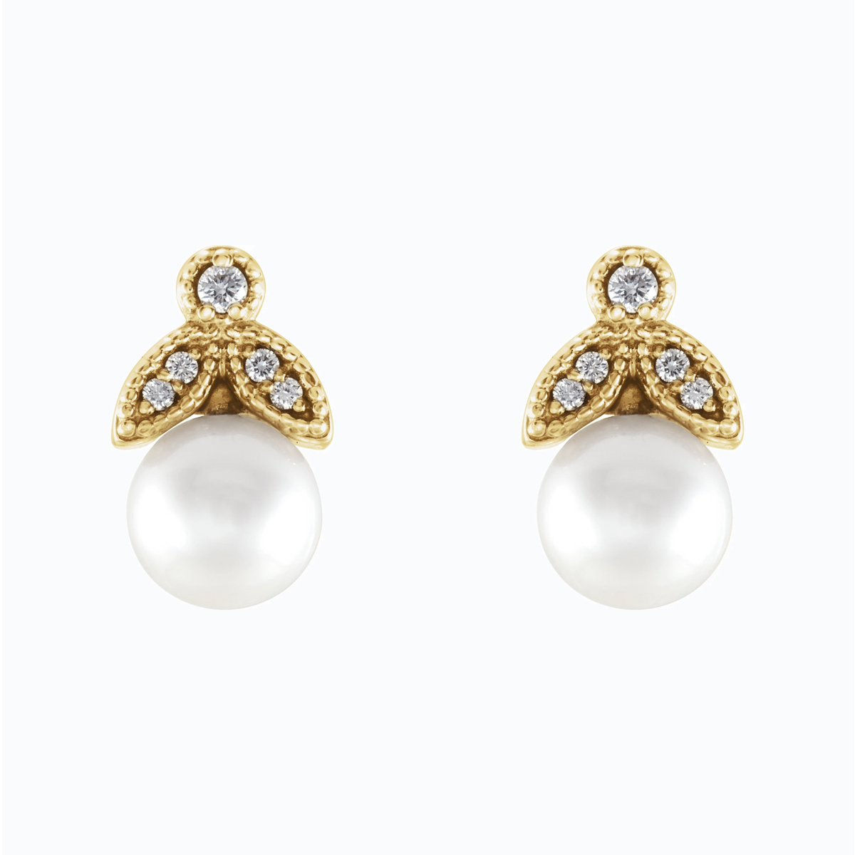 Pearl and Diamond Leaf motif Drop Earring, 14k Yellow Gold