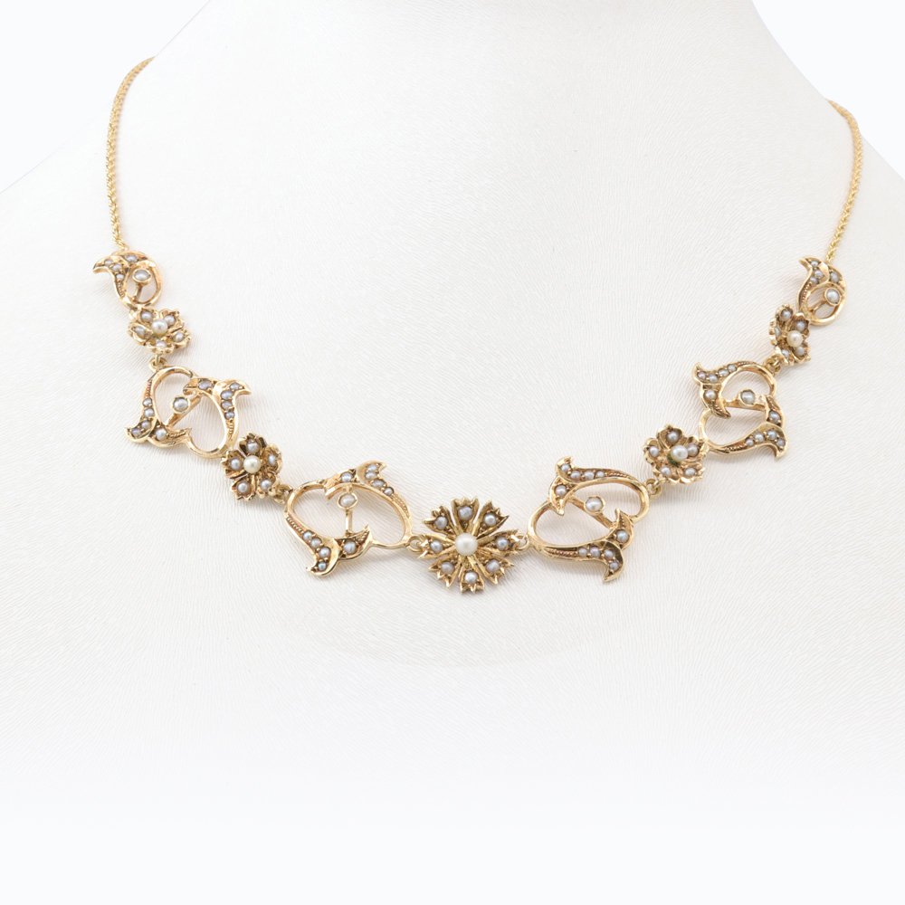 Vintage Flower Pearl Necklace, 14k Yellow Gold