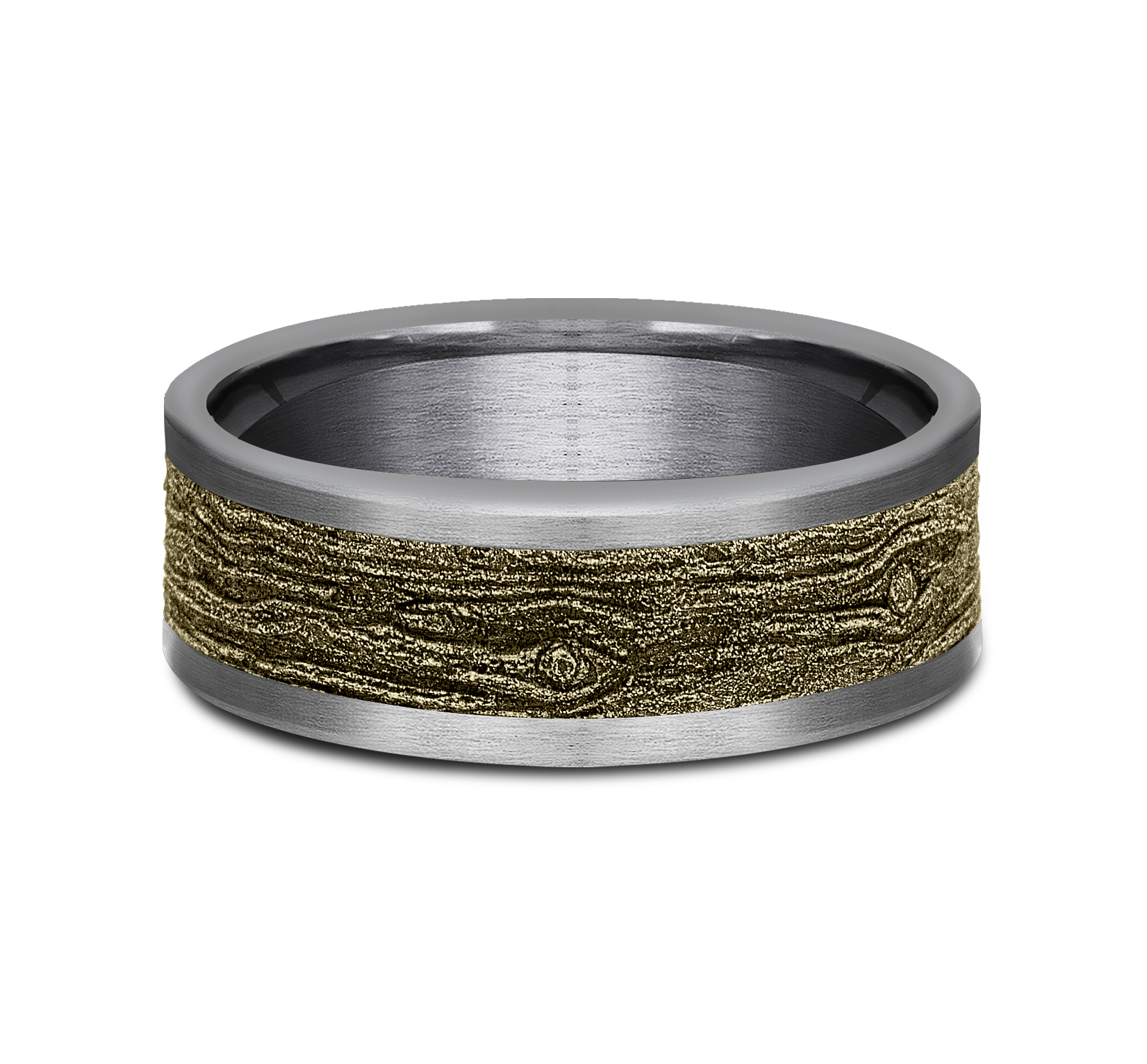 14k Yellow Gold Wood Pattern Center & Grey Tantalum Men's Ring, 8mm