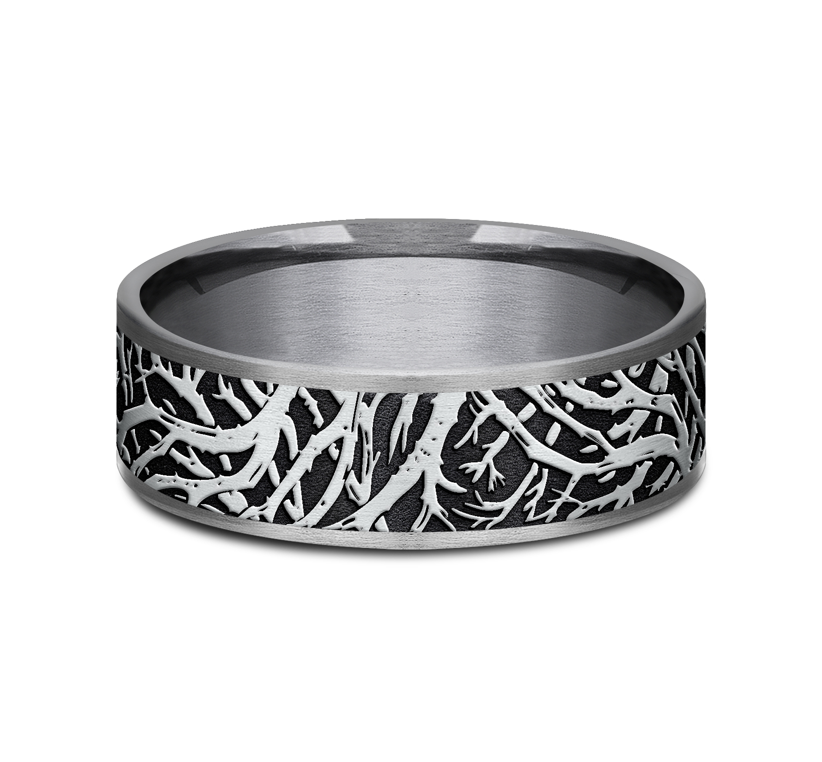 Tantalum Men's Band with 14k White Gold Enchanted Forest Motif, 7.5mm