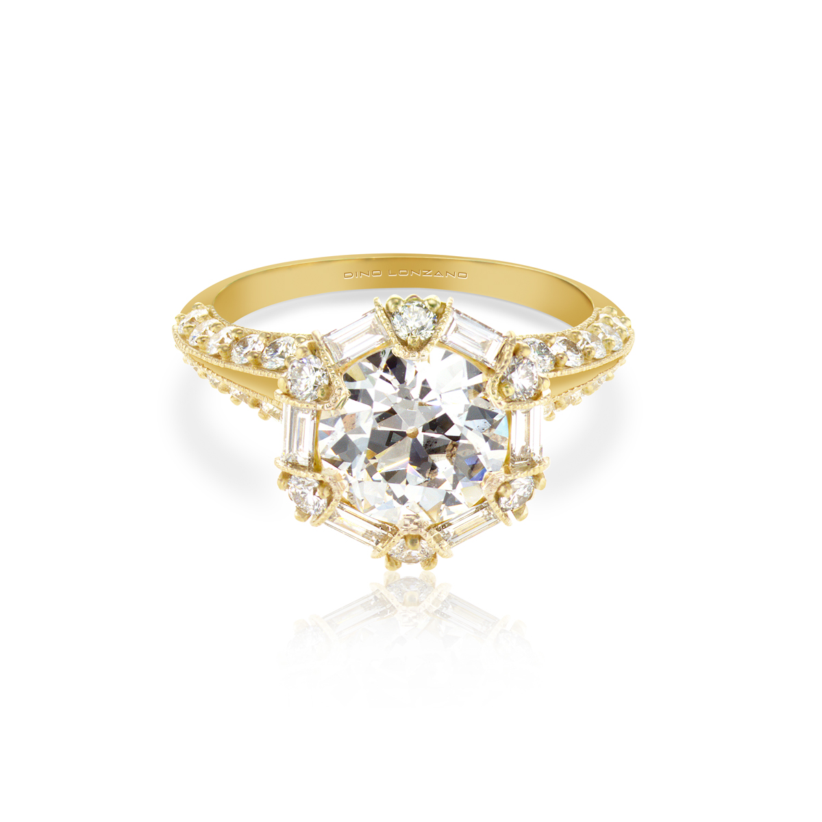 Dino Lonzano Art Deco  Diamond Halo Engagement Ring, 18k Yellow Gold