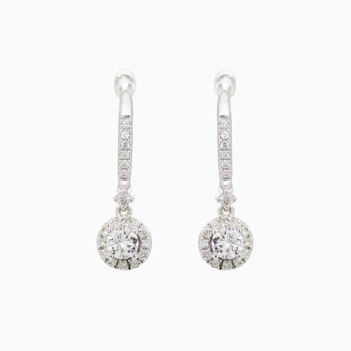 Diamond Halo drop-dangle Earrings, 14k White Gold