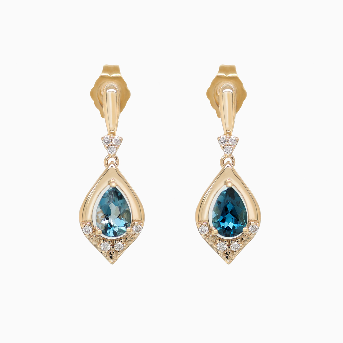 Natural London Blue Topaz and Diamond Dangle Earrings, 14k Yellow Gold