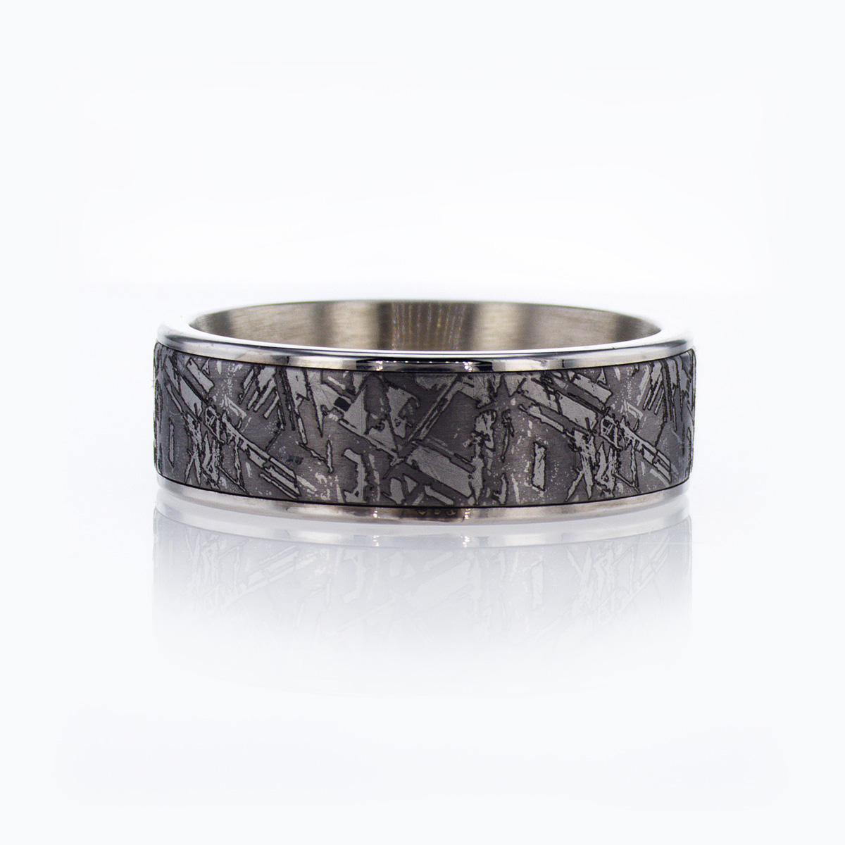 Modern Men's 14k Wedding Band with faux meteorite center