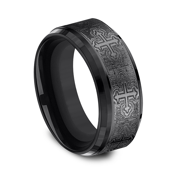 Men's Black Titanium 9mm Comfort Fit Cathedral Cross Wedding Band Ring