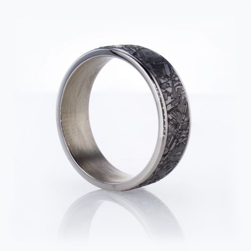 Modern Men's 14k Wedding Band with faux meteorite center