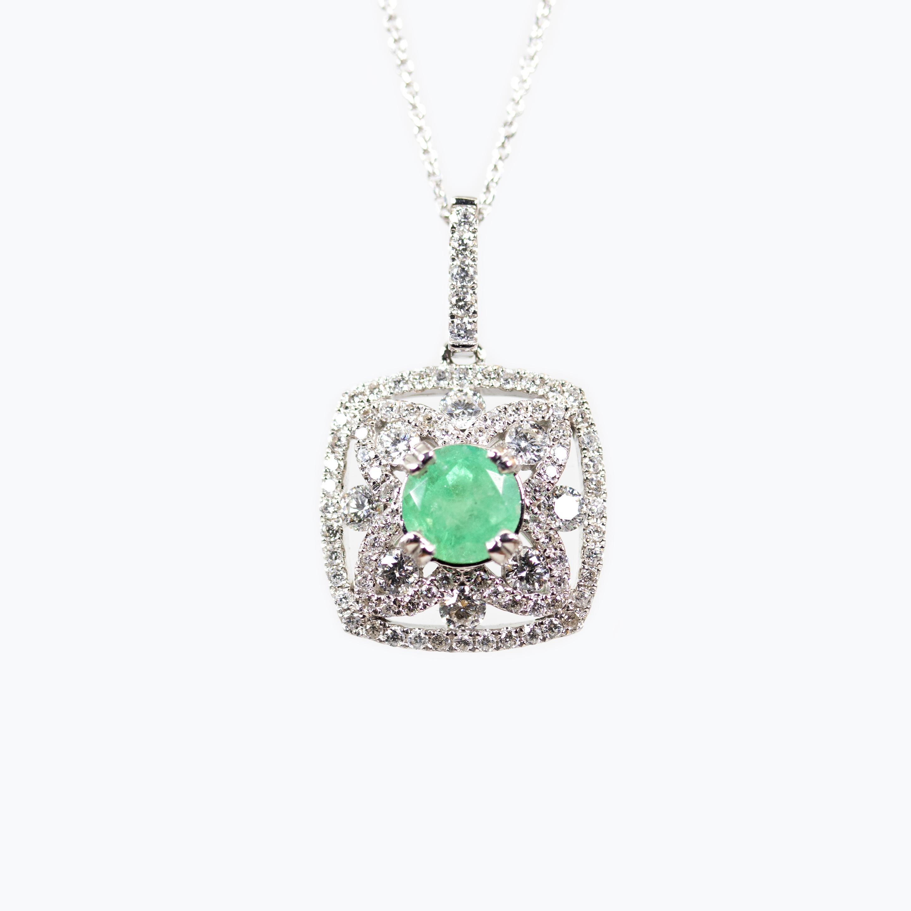 Natural Emerald in Diamond Halo Pendant and Chain