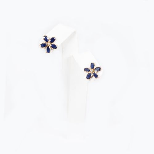 Five Petal Floral Earrings with Blue Sapphires and Diamond