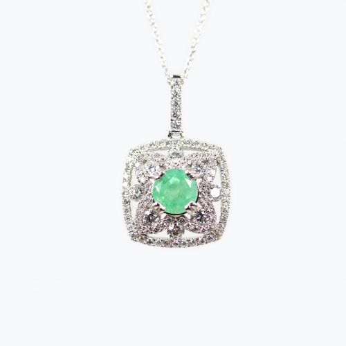 Natural Emerald in Diamond Halo Pendant and Chain