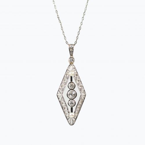 Art Deco Diamond and Pearl Vintage Pendant Necklace
