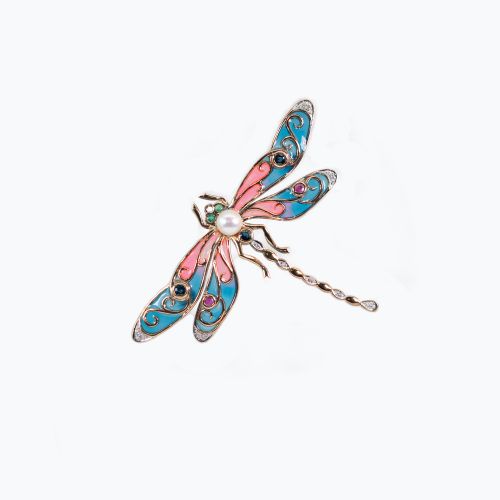 Blue Diamond-accented Enamel Dragonfly Brooch