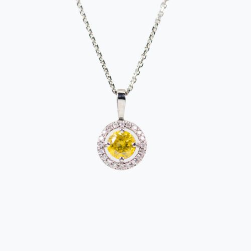 Natural Yellow Diamond Halo Pendant and Chain