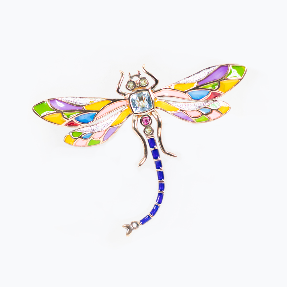 Gemstone Accented Enamel Dragonfly Brooch