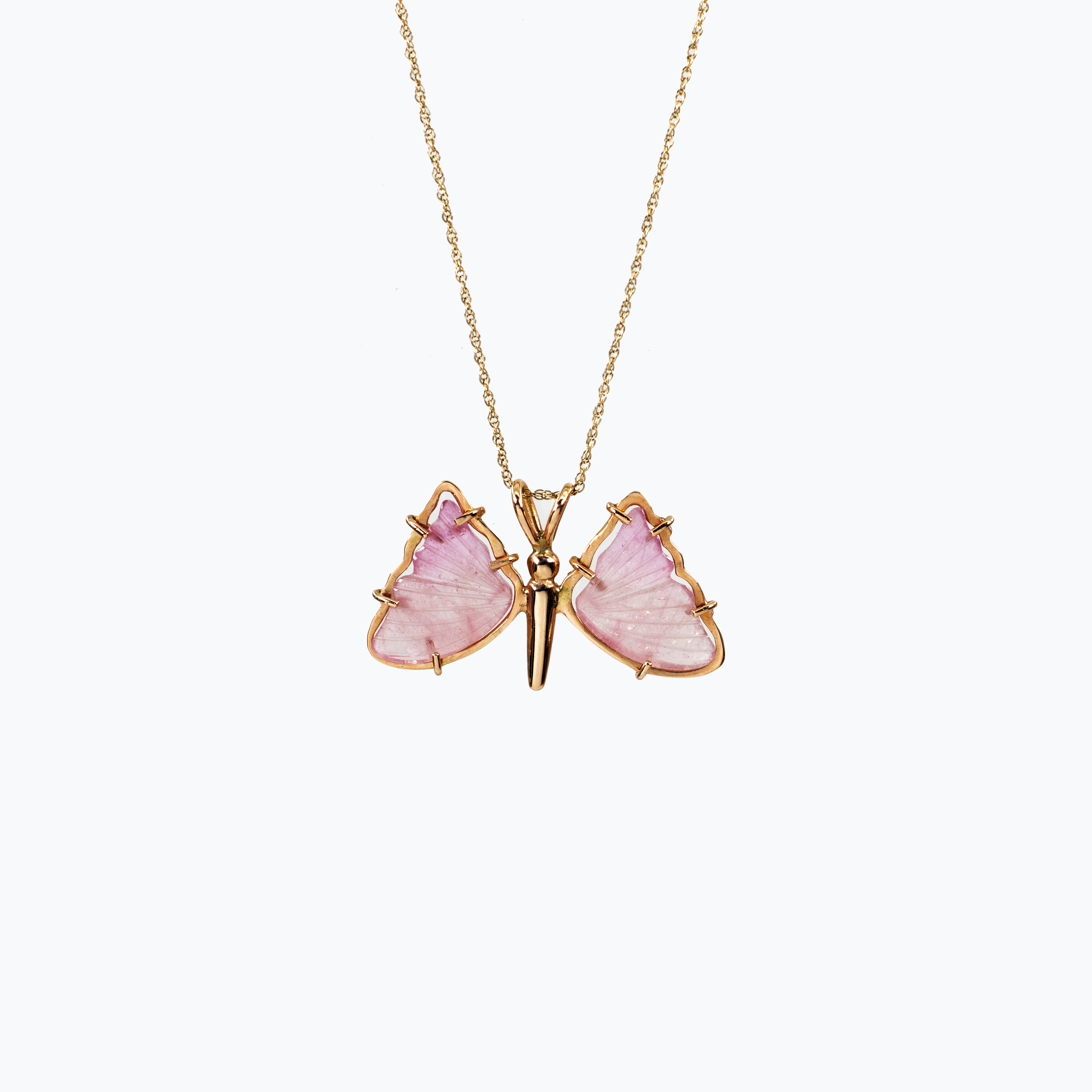 Hand-carved Pink Tourmaline Butterfly Pendant Necklace
