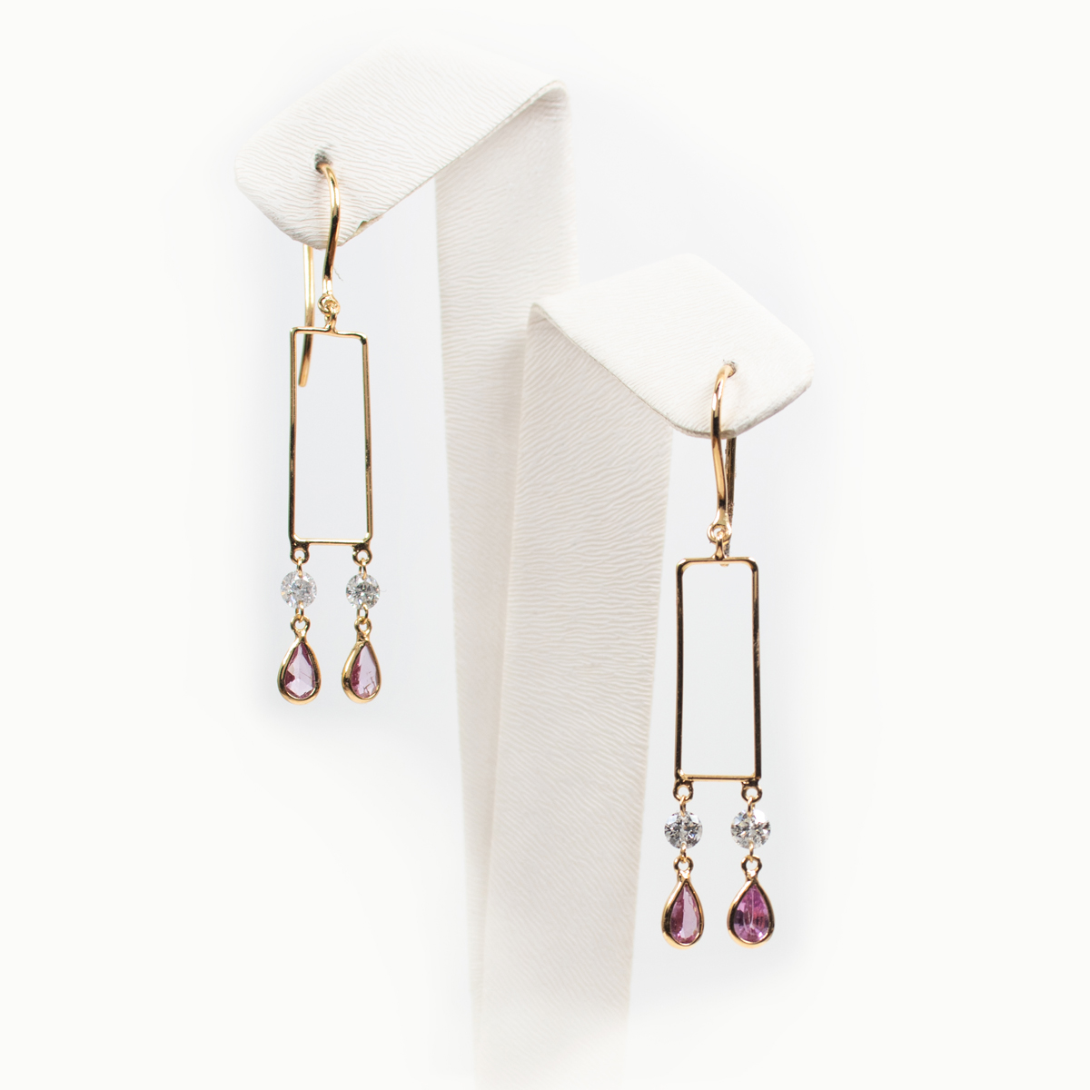 Natural Diamond and Pink Sapphire Geometric Chandelier Earrings