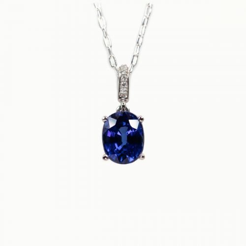 Lab-grown Oval Blue Sapphire Pendant with Diamond Accents