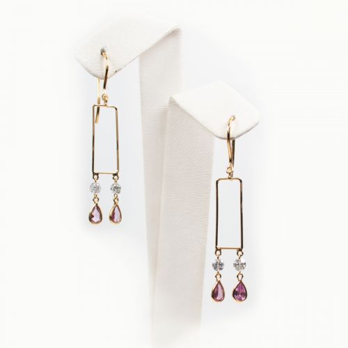 Natural Diamond and Pink Sapphire Geometric Chandelier Earrings