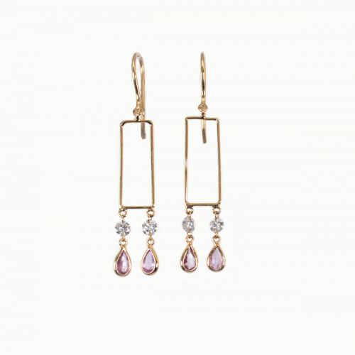 Natural Diamond and Pink Sapphire Geometric Chandelier Earrings