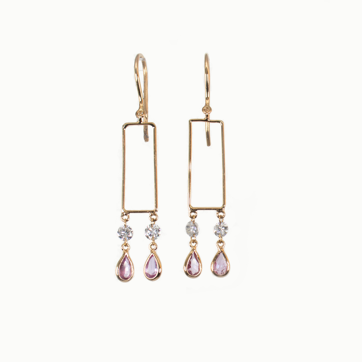 Natural Diamond and Pink Sapphire Geometric Chandelier Earrings